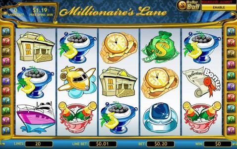 Main game board featuring five reels and 20 paylines with a JACKPOT payout