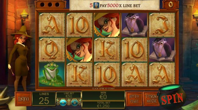 Main game board featuring five reels and 25 paylines with a $250,000 max payout