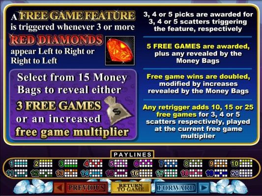 A free games feature is triggered whenever 3 or more red diamonds appear left to right. Select from 15 money bags to reveal either 3 free games or an increased free game multiplier.