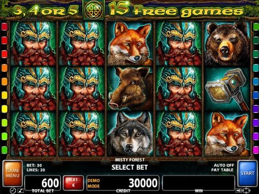 A mythical forest themed main game board featuring five reels and 20 paylines with a $30,000 max payout