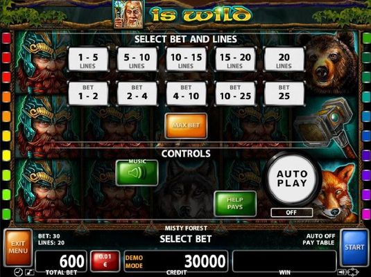 Select Bet and Lines - 1 to 20 Lines and 1 to 25 coins per line.