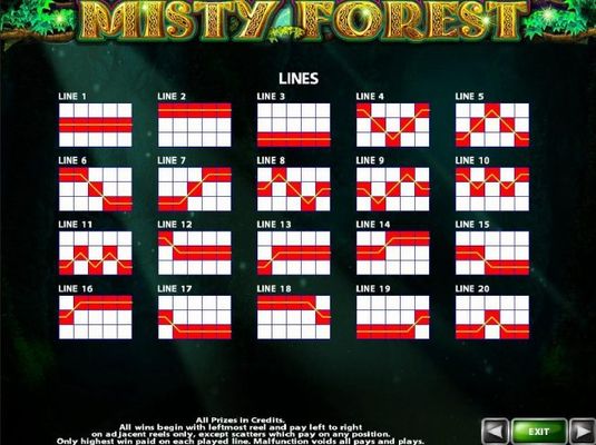 Payline Diagrams 1-20. All wins begin with the leftmost reel and pay left to right on adjacent reels only, except scatters which pay on any position.