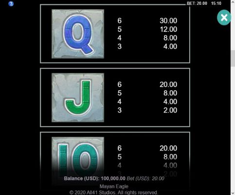 Paytable - Low Value Symbols
