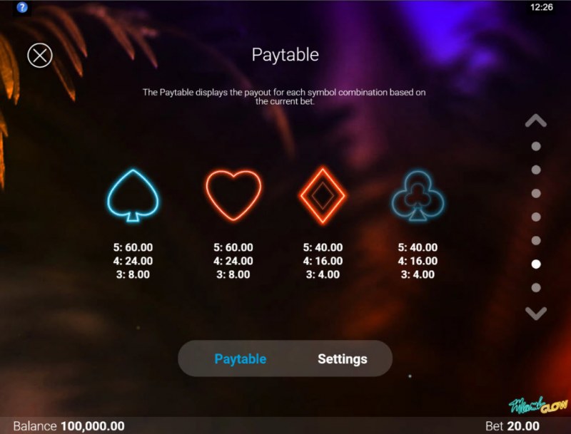 Miami Glow :: Paytable - Low Value Symbols