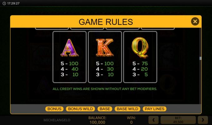 Paytable - Low Value Symbols