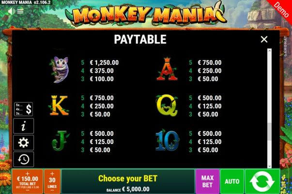 Monkey Mania :: Paytable - Low Value Symbols