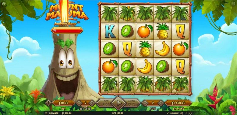 Volcano erupts randomly adding multipliers, wilds or scatters to the reels