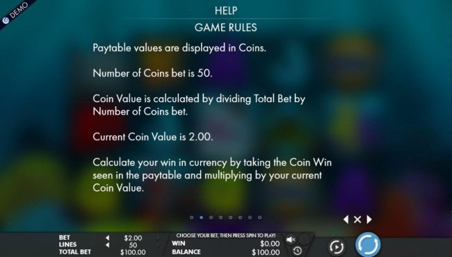 Paytable values are displayed in coins. Number of coins bet is 50.