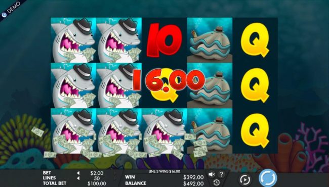Multiple winning shark symbols triggers a 392.00 jackpot