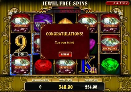 the jewel free spins pays out a 348 coin jackpot