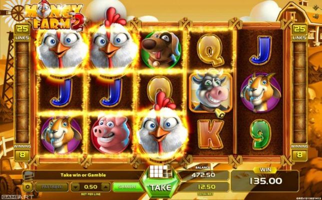 135.00 jackpot awarded player for landing multiple winning combinations.