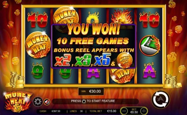 Three or more Money Heat logo scatter symbols anywhere on the reels offers 10 free games with bonus reel.