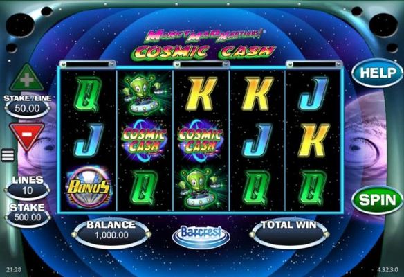 Main game board featuring five reels and 10 paylines with a $250,000 max payout