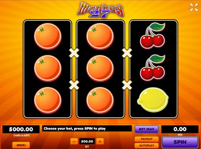 A fruit themed main game board featuring three reels and 27 paylines with a $926,000 max payout