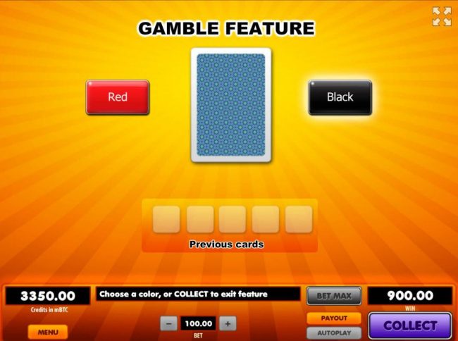 Gamble Feature - To gamble any win press Gamble then select Red or Black.