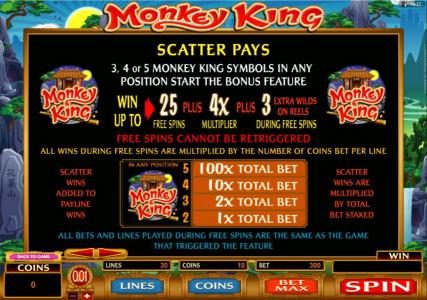 Scatter pays - 3, 4 or 5 Monkey King Symbols in any position start the bonus feature.