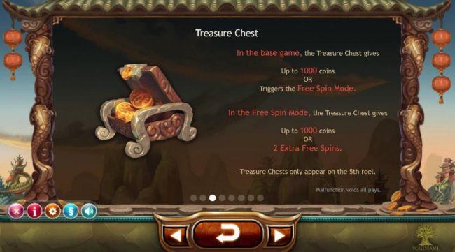 In the base game, the Treasure Chest gives up to 1000 coins or Triggers the Free Spin Mode.