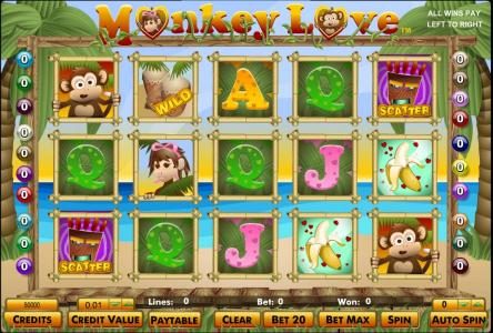 main game board featuring 5 reels and twenty paylines