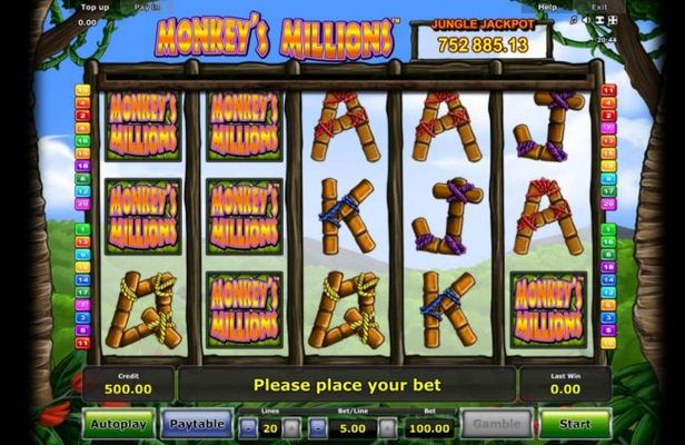A jungle adventure themed main game board featuring five reels and 20 paylines with a progressive jackpot max payout