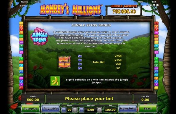 Jungle Spins Bonus - 3 scattered jungle spins symbols on reels 2, 3 and 4 awards the jungle spins bonus. You will be awarded 5 free spins, and have a chance of winning the jungle jackpot.