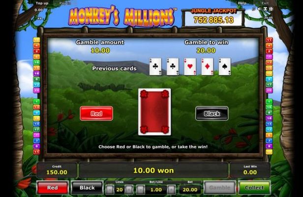 Gamble Feature - To gamble any win press Gamble then select Red or Black.