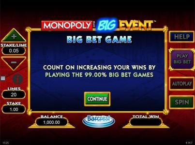 Features Big Bet Game. Count on increasing your wins by playing the 99.00% Big Bet Games