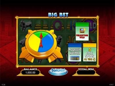 Big Bet - 30.00 game features a spinning wheel and a chance to win one of three feature games