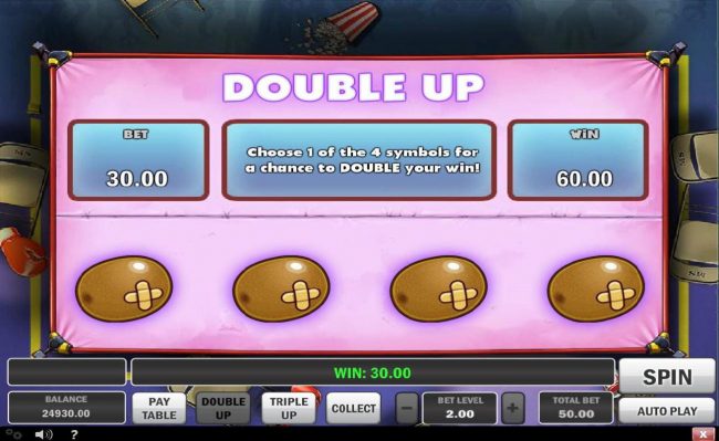 Double Up feature game board - Choose 1 of the 4 symbols for a chance to double your win!