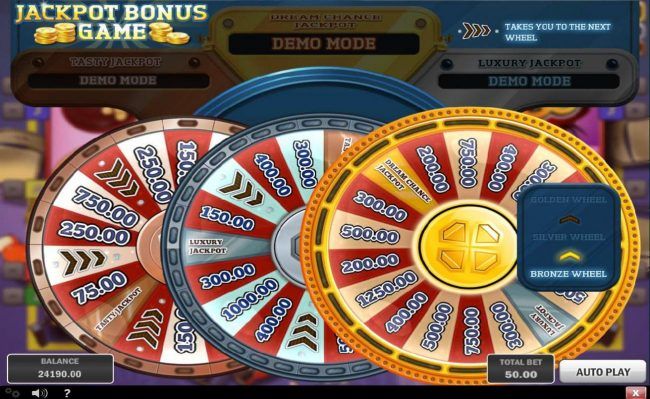 You will start out playing the Bronze wheel with a chance to move up to the Silver wheel and then the Golden wheel.