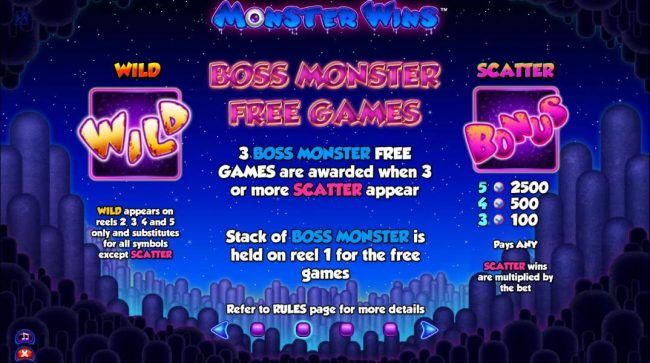 Wild appears on reels 2, 3, 4 and 5 only and substitutes for all symbols except scatter. 3 Boss Monster Free Games are awarded when 3 or more scatter appear. Stack of Boss Monster is held on reel 1 for the frre games.