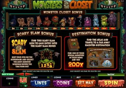 Monster Closte Bonus, Scary Slam Bonus and Destination Bonus game rules