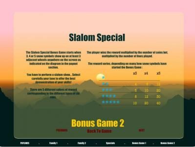 the shalom special bonus game starts when 3, 4 or 5 snow symbols show up on at least 3 adacent wheels anywhere on the screen as indicated on the diagram i the payout section