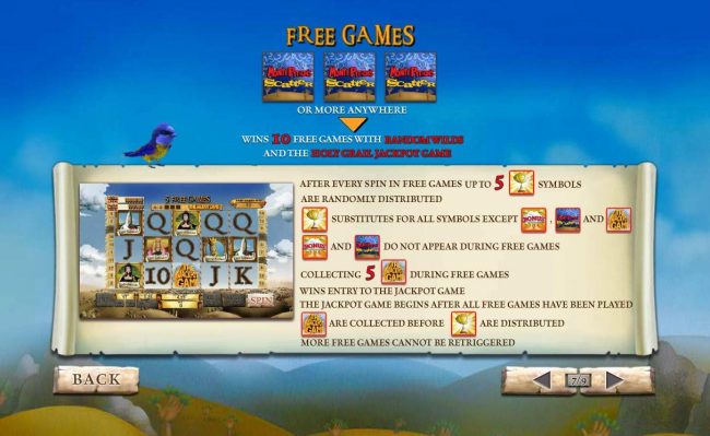 Three or more Monty Python Scatter symbols anywhere in view awards 10 free games with random wilds and the Holy Grail Jackpot Game.
