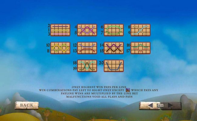Payline Diagrams 1-20. Only highest win paid per line. Win combinations pay left to right only except scatters, which pay any.