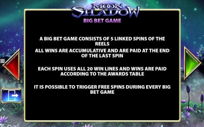 A Big Bet game consists of 5 linked spins of the reels. All wins are accumulative and are paid at the end of the last spin. Each spin uses all 20 win lines and wins are apid according to the awards table. It is possible to trigger free spins during every