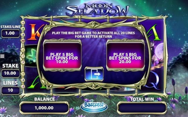 Play the Big Bet game to activate all 20 lines for a better return. Play 5 Big Bet Spins for 10.00 or 20.00