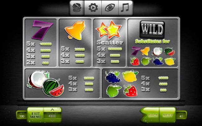 Slot game symbols paytable - High value symbols include a pruple seven, a yellow bell and a star.