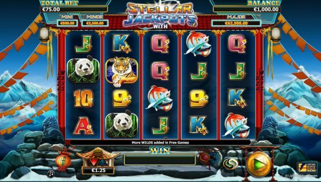 Main game board featuring five reels and 1024 winning combinations with a Jackpot max payout