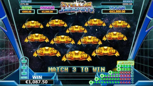 jackpot level - Match 3 like symbols to win mini, minor or major jackpot.