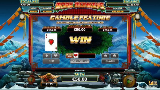 Gamble feature - Select red or black or suit to win.