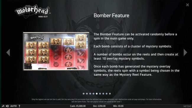 The Bomber Feature can be activated randomly before a spin in the main game only.