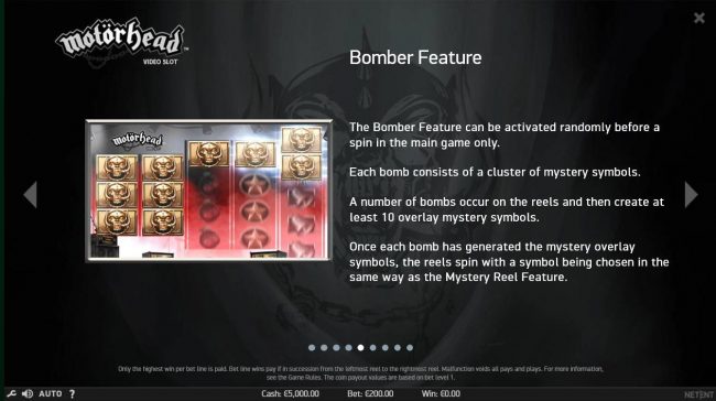 The Bomber Feature can be activated randomly before a spin in the main game only.