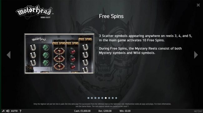 3 scatter symbols appearing anywhere on reels 3, 4 and 5, in the main game activates 10 free spins.