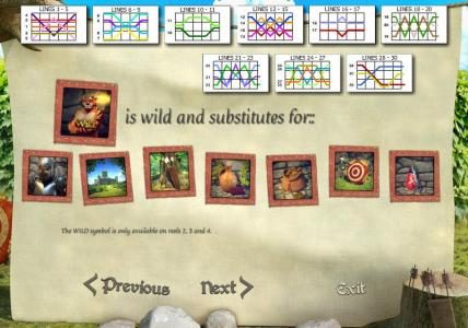 Payline diagrams and wild symbol rules. The wild symbol is only available on reels 2, 3 and 4.