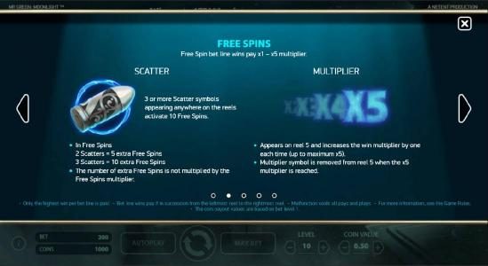 Silver Bullet scatter symbol - 3 or more scatter symbols appearing anywhere on the reels activate 10 free spins. Multiplier appears on reel 5 and increases the win muliplier by one each time (up to maximum x5)