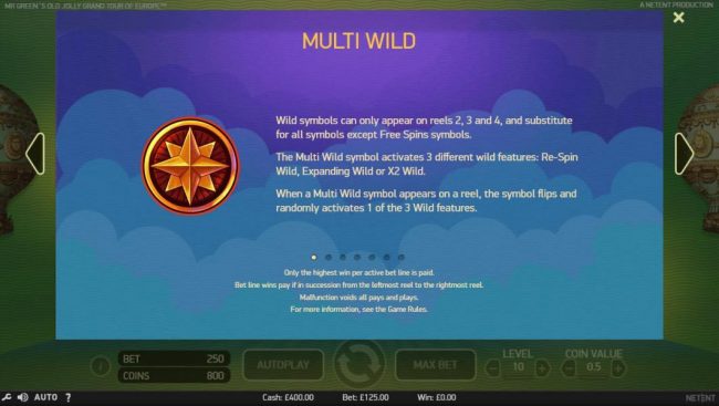 Wild symbols can only appear on reels 2, 3 and 4, and substitute for all symbols except Free Spins symbols.