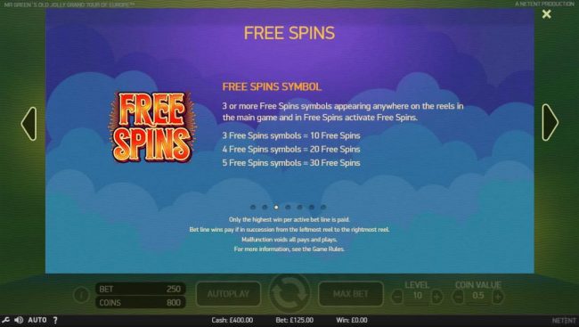 Three or more Free Spins symbols appearing anywhere on the reels in the main game and in Free Spins activate Free Spins awarding 10 to 30 free spins respectively.