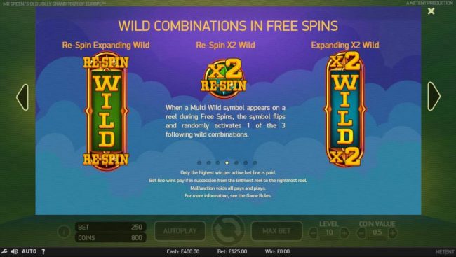 When a Multi Wild symbol appears on a reel during Free Spins, the symbol flips and randomly activates 1 of 3 following combinations. Re-Spin Expanding Wild, Re-Spin X2 Wild and Expanding X2 Wild