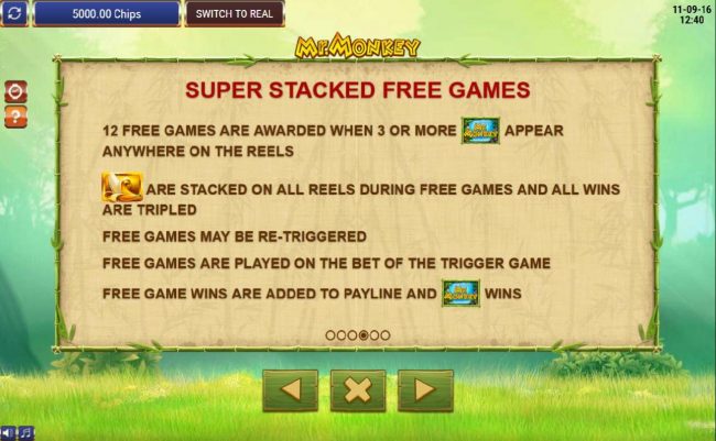 Super Stacked Free Games - 12 free games are awarded when 3 or more scatter symbols appear anywhere on the reels. Fre games may be re-triggerd.