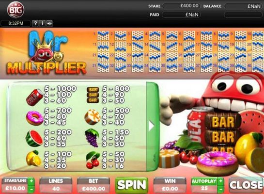 Slot game symbols paytable and Payline Diagrams 1-40.